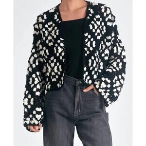 Elan Kylee Macrame Crochet Cropped Cardigan in Black/White, S